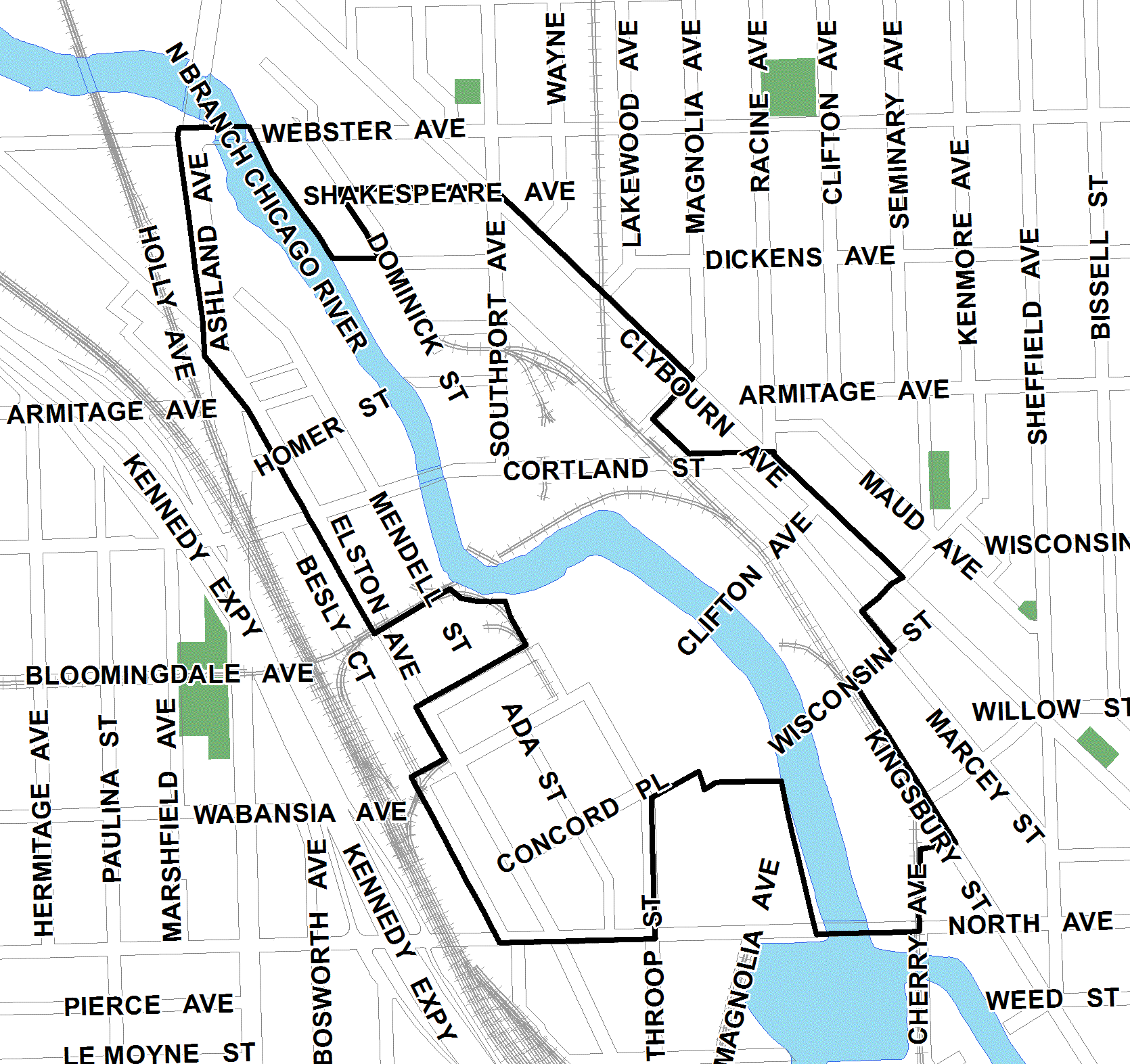 Cortland/Chicago River TIF roughly bounded by Webster Avenue on the north; Clybourn Avenue on the east; North Avenue on the south; and Elston Avenue and Besly Court on the west.